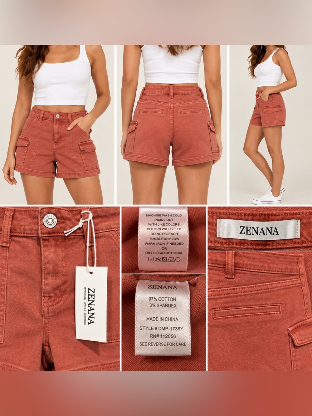 Zenana Rust Cargo Denim Shorts High Rise Stretch Utility Shorts NWT